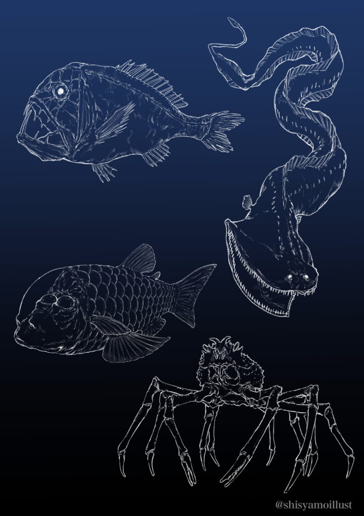 深海怪物展のメインビジュアル(企業案件サンプル)背景の深海生物たち