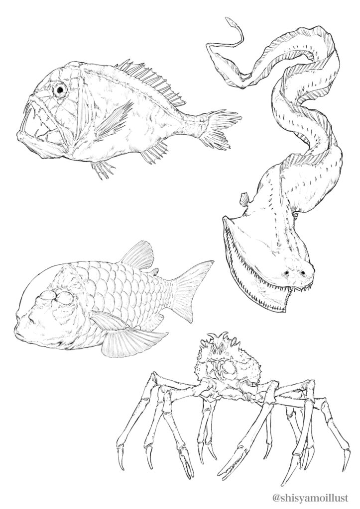 深海怪物展のメインビジュアル(企業案件サンプル)背景の深海生物たち白黒