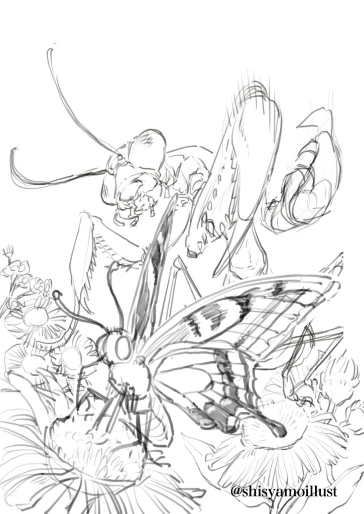 特別昆虫展「HUNTER INSECT」メインビジュアル制作サンプル オオカマキリ キアゲハ ハルジオン 下書き