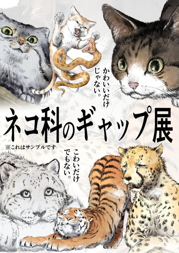ネコ科のギャップ展 メインビジュアル マヌルネコ スナネコ サハラツノクサリヘビ イエネコ ユキヒョウ トラ チーター